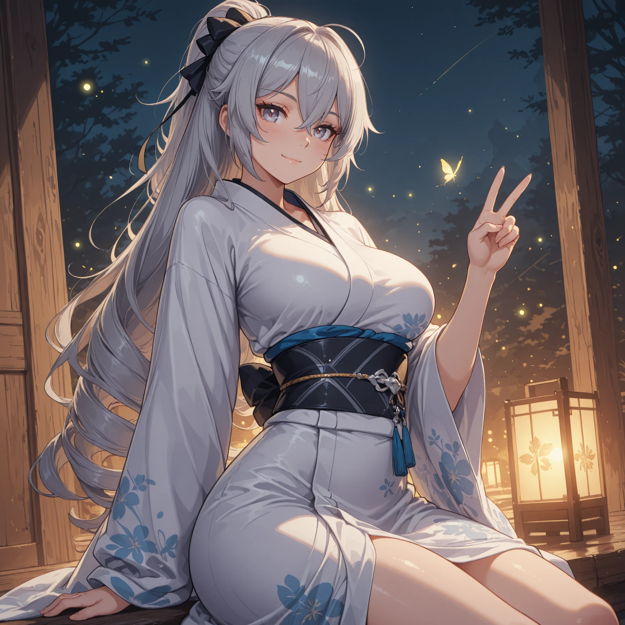 One girl,White Robe Decollete, ponytail ,Gray Hair, Purple eyes, magic circle, Blue Fire, Blue Flame, Sitting in front of a desk,Introspective, Depth of written boundary, night, Particles of light, light, Side Lighting, Thighs, destiny \(series\), skirt, cloud