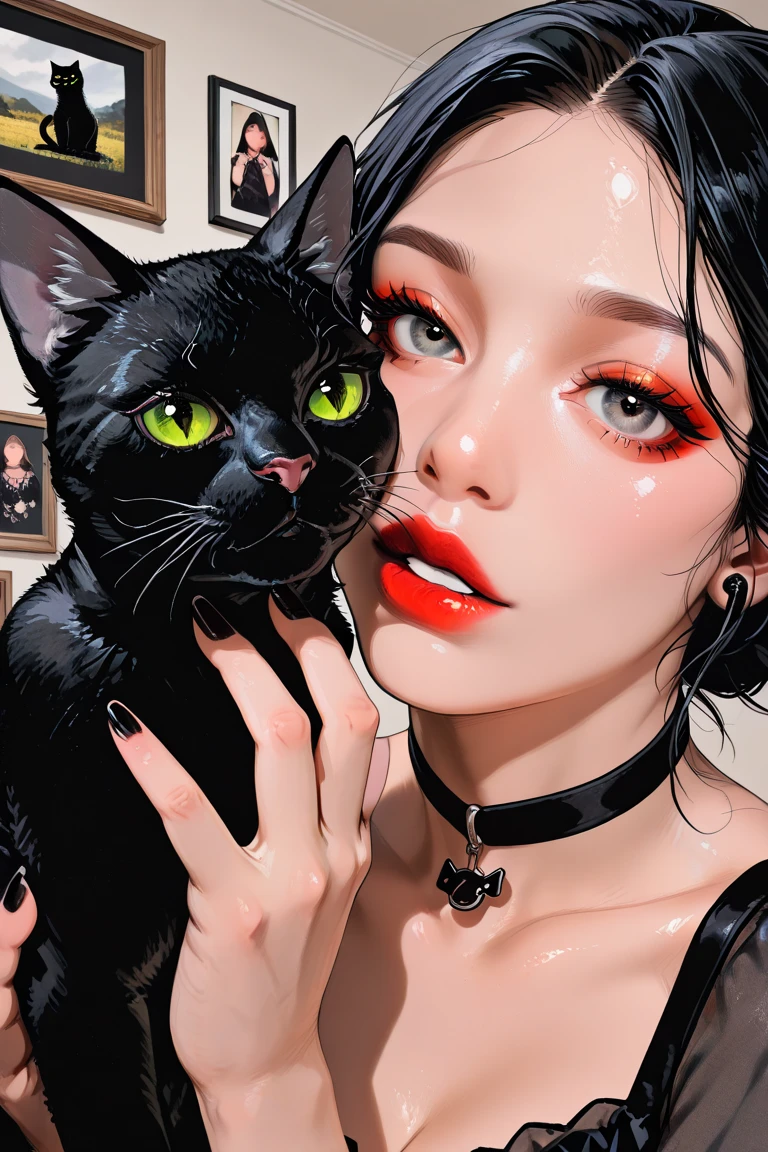  Illustration of a black cat,place a black cat in the center of the screen,I wear a choker on the black cat, ,holding a black cat,place the black cat in the center of the screen,Gothic black cat close-up {X} women can see through the camera、Only hands are shown,teddy bear illustration ,  Vivid details,  artilove blow style    , ,  close-up photo , photorealistic  ,  very detailed,black hairｋｉｋｉred ribbon /(Greatest Masterpiece/top quality/high resolution)Hydrated red lips/"shiny skin that floats on the lower back"nails/close his mouth//and bathes in blood