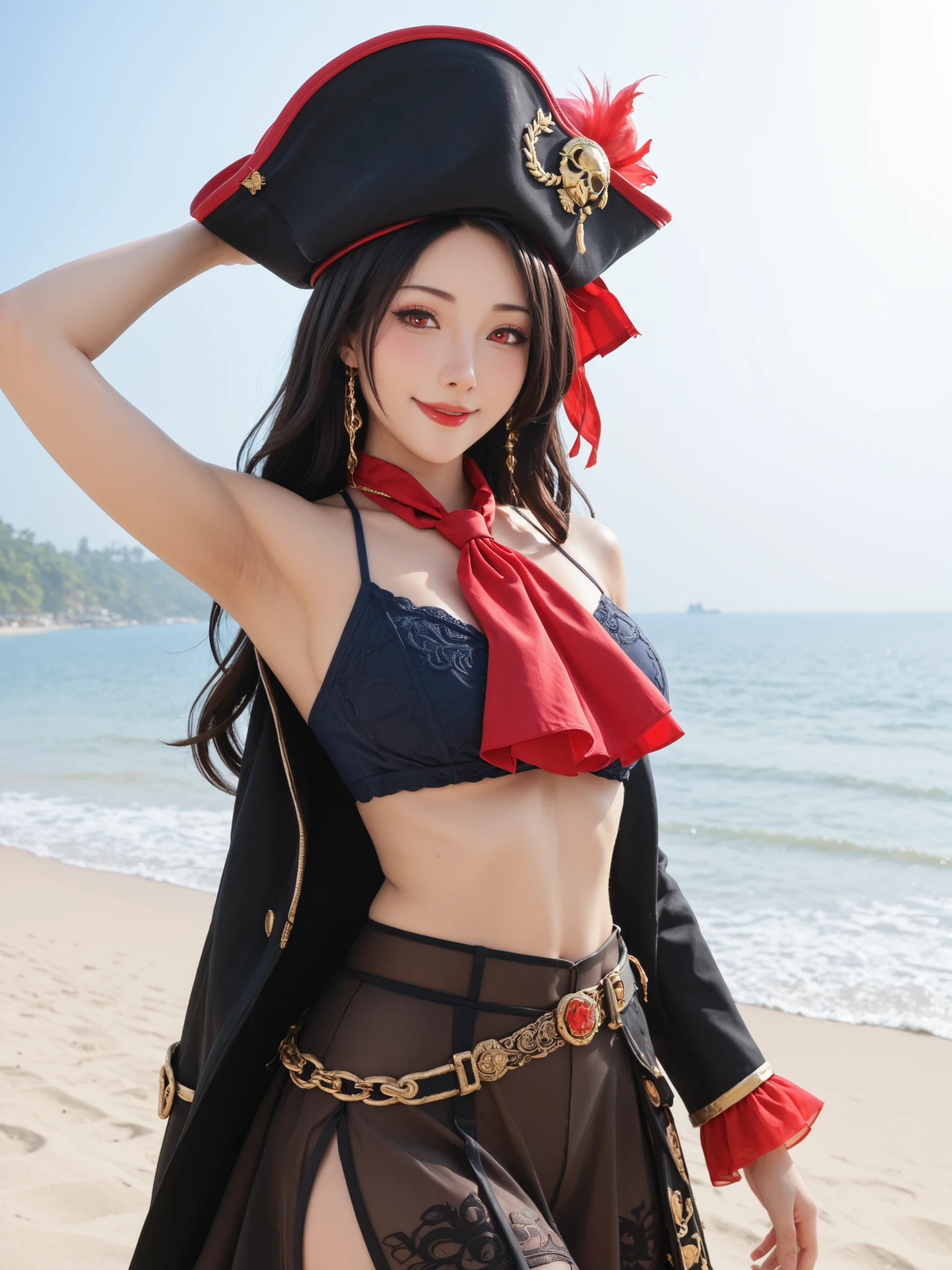 Best Quality, Masterpiece, Ultra High Resolution, (Realisticity: 1.4), Original Photo, 16 years old girl, Tifa, movie lighting, seaside, deck, pirate hat, pirate costume, cosplay, pirate of the caribbean, cape, dark clothing, sunny, blue sky and white clouds, conservative clothing, loose top, bodybuilding, fashion girl, pick dye gradient hair, bangs, high ponytail, big bust, facial focus, smile, upper teeth, sunny smile,