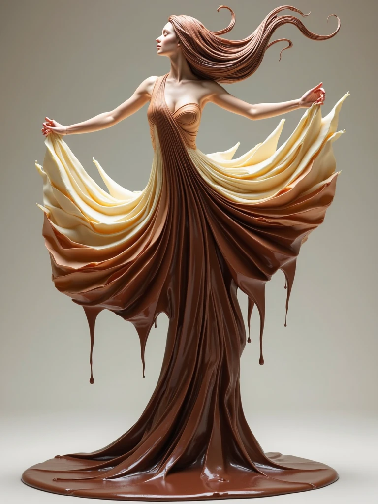 a close-up of a sculpture of a woman wearing a dress and hat, chocolate art, covered in melted chocolate, dark chocolate painting, dress made of steel blades, modern Street art, carved from caramel, fancy dress, totally chocolate, Street art style, Sweet piece of art, Street art, inspired by Hedi Xandt, fashion art, unknown artist
