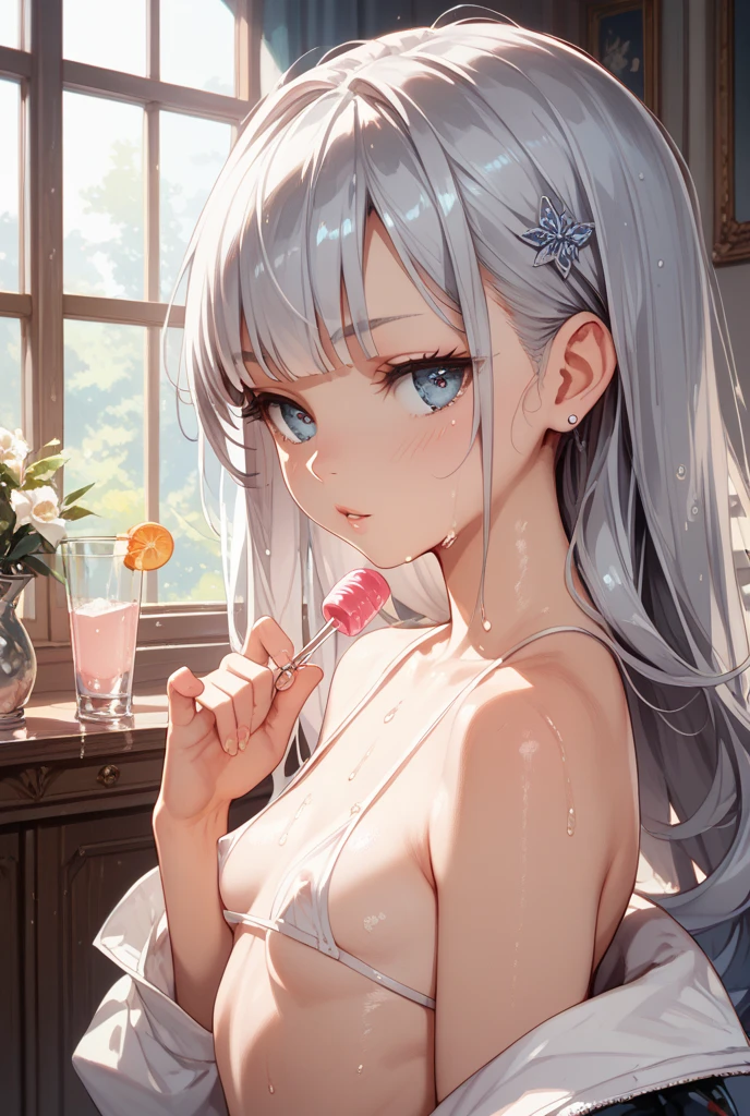 Anime girl in the bathtub，The mouth is slightly open, seductive anime girls, guweiz on pixiv artstation, Guvitz on ArtStation Pixiv, splash art anime loli, trending on artstation pixiv, Anime art wallpaper 4k, Anime art wallpaper 4 K, Guwiz, Anime art wallpaper 8 K, trending on cgstation，（Whole body part map），Wearing white translucent pantyhose，Lori,Height 153 cm，Golden vertical pupils，Majestic and lovely，Young，Big breasts loli，Round breasts，Cutes, Ultra Clear Anime - Style Girl in the Bathtub，The body is facing the audience，Long silver hair，Scattered shawls neatly, Anime CG art of seductive anime loli, Guweiz on ArtStation Pixiv, guweiz on pixiv artstation, artwork in the style of guweiz, Detailed digital anime art, trending on artstation pixiv, Realistic anime loli rendering, Extremely detailed artistic genitalia with a phoenix tattoo inside，Two small feet of 20 cm are exposed，Cute little short legs，(((petite loli)))，(Young，immature，Cutes)，(((Height 153 cm)))，(big boob)，((Huge round breasts，No sagging，Very upturned))，She faces the observer，Children's face，（Big breasts are quite rounded，Quite upturned firmness），Lie in a bathtub filled with milk with your legs open，The chest faces the audience，Super high resolution，Lifelike，best qulity，wall paper，Overlooking，standing alone，no shoe，Snow-white skin，Perfect skin details，Smooth and delicate skin， （8K，animesexy，best qulity，skilled），（Photonic mapping，Radiometry，Physics-based rendering，automatic white balance），（Small but delicate），Long silver hair，Slim body，immature，Tender little long legs，Small feet of 20 cm，(((White nightdress)))，Wear white translucent ones-piece socks，The body is completely immersed in water，（fullbody pic），（Only the right ankle is inlaid with a jade bracelet）Character setting:She has a small blood-red phoenix tattoo in her intimate area。