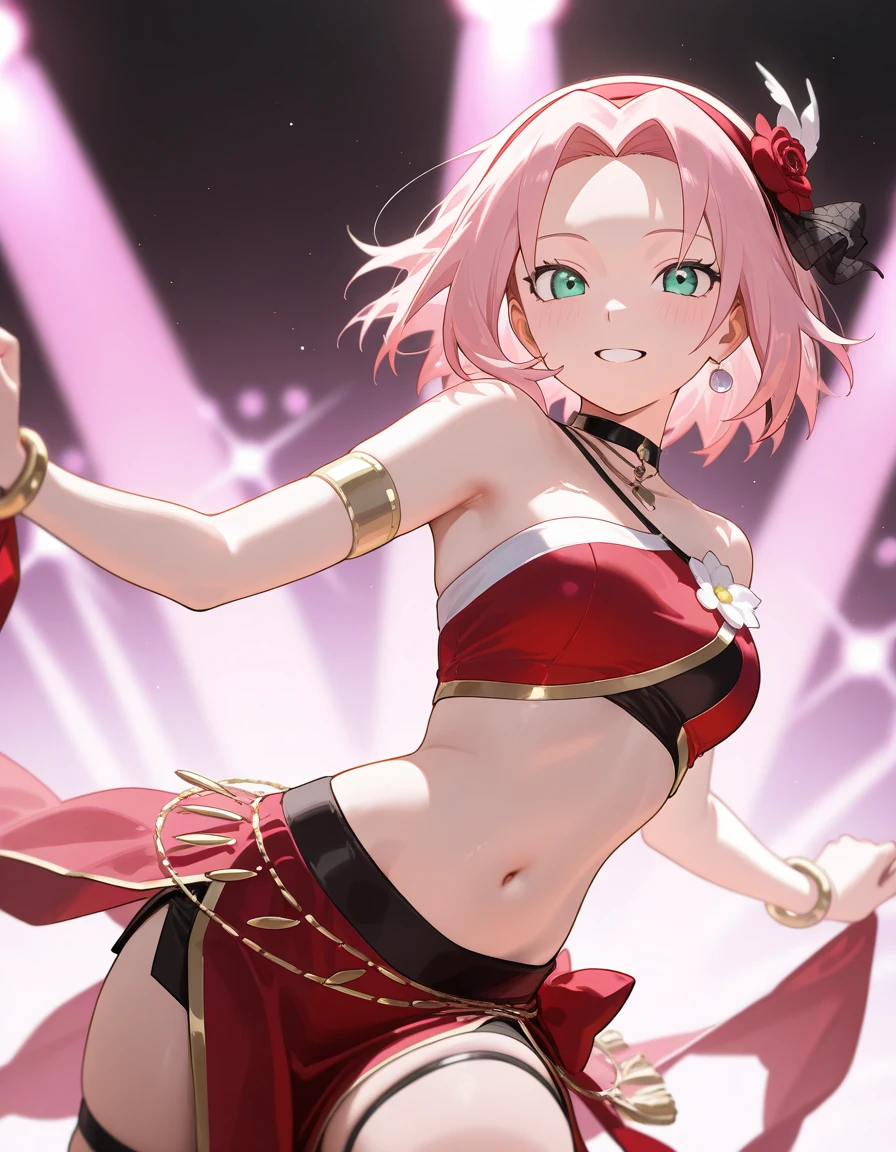 masterpiece, best quality, high resolution, Ridiculous, 1 girl, crowd, skirt, pink hair, Kasai Yuno, from below, revealing clothes, Dentate skin, outdoor, Sunlight, street, looking at the audience, blush,