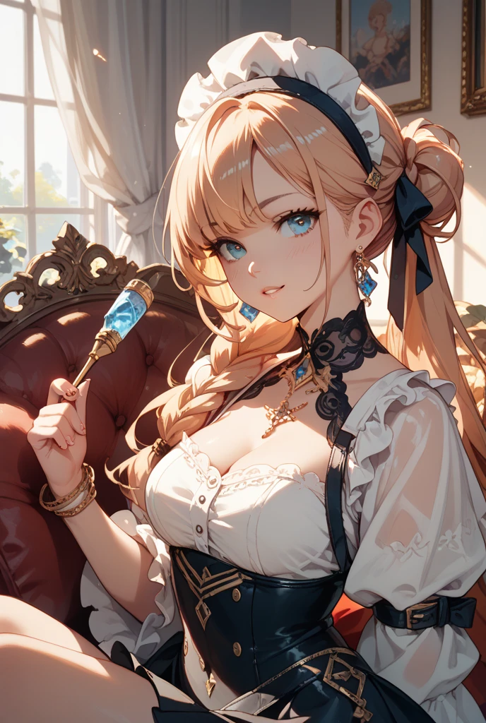 ((最high quality、8K、masterpiece:1.3)),high resolution、最high resolution、最high quality、high quality、Slender、Beautiful poopボディーライン、Beautiful poop大人の女性、huge 、Sexy Style、Accentuate your cleavage、Emphasize the chest、超detailedな、beautifully、aesthetic、Beautiful poop、masterpiece、Showing off cleavage)、garter belt、Beautiful poop女性は, (medium length yellow hair),、Cute smile, (Warm colors), Moist, Moist, Reflective plate, (Tabletop) 、(最high quality) (detailed) , (8K) (Studio Lighting) (Complex) , ((The flower arch is so fantastical and dreamy.)), Gorgeous, Fantastic fairy tale, A rich pastel color palette, Fantastic and dreamy theme, 夢のようなdetailed, Fairy tale setting:, (((A building with lots of flowers)))、Anime fantasy artwork, Anime fantasy illustration, Beautiful poopアートワークのイラスト, Beautiful poopアニメアートwork, Exquisite digital art, Complexな華やかなアニメCGIスタイル, Anime Art Nouveau Space Display, Beautiful poopアニメアート, Beautiful poopデジタル芸術作品, Beautiful poopファンタジーアニメ, detailed anime artwork, detailed Digital Anime Art, Dreamy psychedelic anime、Beautiful poop表現、Beautiful poop乳房、detailedな目、Clearly eye-catching, beautifullyて魅力的、Beautiful poop目、Tight waist、Beautiful poop白い肌、Red Crack、((Long hair decorated with flowers))、(Perfect female body:1.4)、（Sexy Underwear、garter belt、Enamel Bondage Costume)
