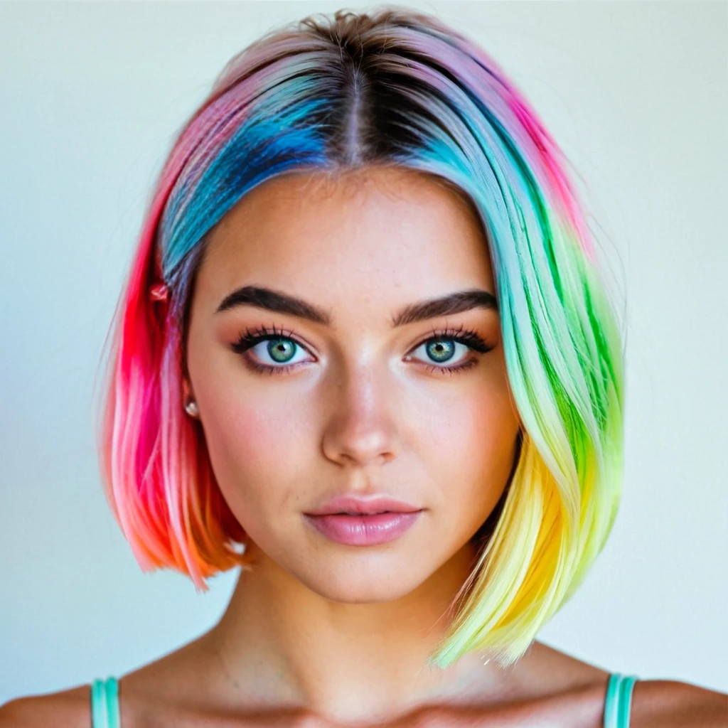 A vibrant portrait of a young woman. She dons sunglasses with multicolored lenses reflecting a sunset or sunrise. Her hair is styled in an abstract manner, with black tendrils and splashes of color intertwined. The background is white, adorned with splashes of paint in various hues, including white, blue, and pink. The woman's lips are painted a soft peach, and she wears a sleeveless top with a pattern that seems detail photo 8k short angle ultra HD wide 16k super realistic