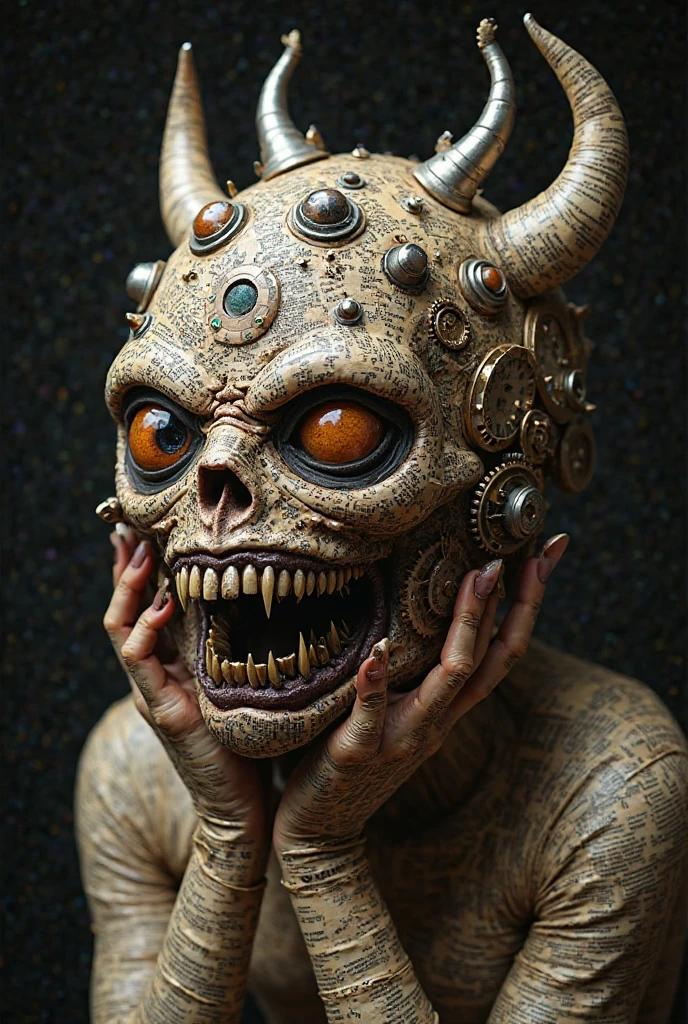 GENERATE AN IMAGE WITH HANDMADE TURMERIC COCOA AND CHARCOAL SOAPS IN THE SHAPES OF DEVIL MASK OR MORENADA FROM THE ORURO CARNIVAL