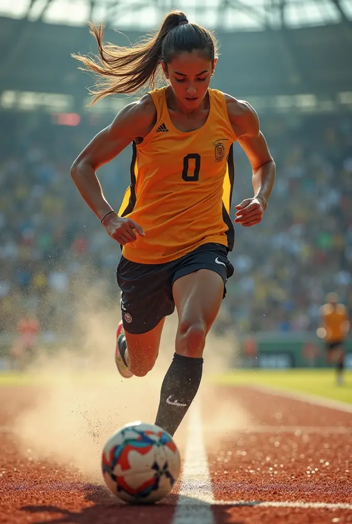 Black anime girl, black hair tied up, wearing blue soccer kit, wearing soccer boots, on the stadium, kicking ball, nike soccer kit, blue, long tied hair, gold and yellow eyes, sky blue nike soccer  kit