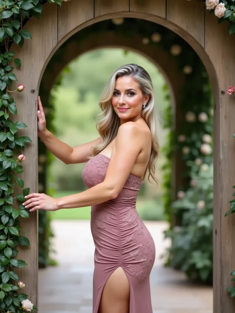 22 year old white female, Hair color is platinum blonde, blue eyes, long hair, straight hair, accessories on wrist, wearing a choker, real skin, gorgeous muscular body, My heart is pounding, smile, wearing a plunging neck dress, wearing lace-up sandals, walking in the middle of the stone steps in the old town. ((blushing)), long straight lift hair, dynamic pose, modelshoot: photoshoot, HD, high contrast, sharp image, mastery, mouth closed, balanced eyes, CG render, small skull, clavicle detail, (best quality detail: 1.2), realistic, 8K ultra-fine, high-quality texture, fine texture, fine detail, high detail, extremely detailed CG, high-quality shadows, beautiful and delicate eyes, beautiful woman, large breasts, tall.