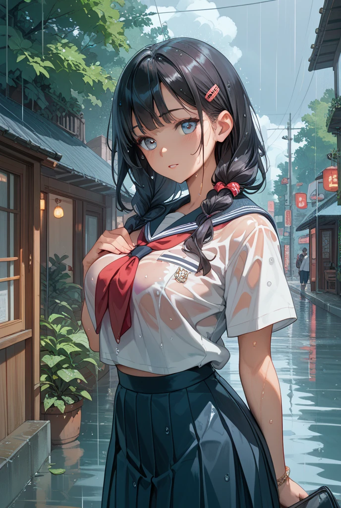 Detailed Background,Traditional Japanese room,(masterpiece, Highest quality),(dark、cyan light、silhouette:0.8)、Monochrome:0.6, Highest quality, Amazing details, Anatomically correct, ((watercolor)), Written boundary depth,Flat Shading,Bokeh,古くてdarkお風呂場、Thighsが太い, take a bath、Shoulder-deep immersion in the tub、Wet your hair and face thoroughly、Water Dropが落ちる、My clothes and hair were soaked..、Wet sailor suit sticks to the skin、 (Black Hair、ponytail),(Thighs),(Big Breasts)、get wet、Perfect Style, (School short-sleeved sailor uniform、Navy Blue Skirt)、Water Drop、Pink Panties、Open clothes,White socks、Browsing Caution、get wet、