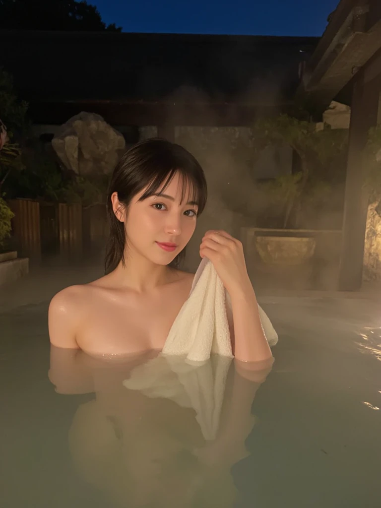 (8K、RAW Photos、Highest quality、masterpiece:1.2)、(Realistic、Realistic)、1 Girl、((hot spring、night、relaxing after a hot bath、Flat Chest、bath towel、View from the front、smile、Look at me and smile))、cute