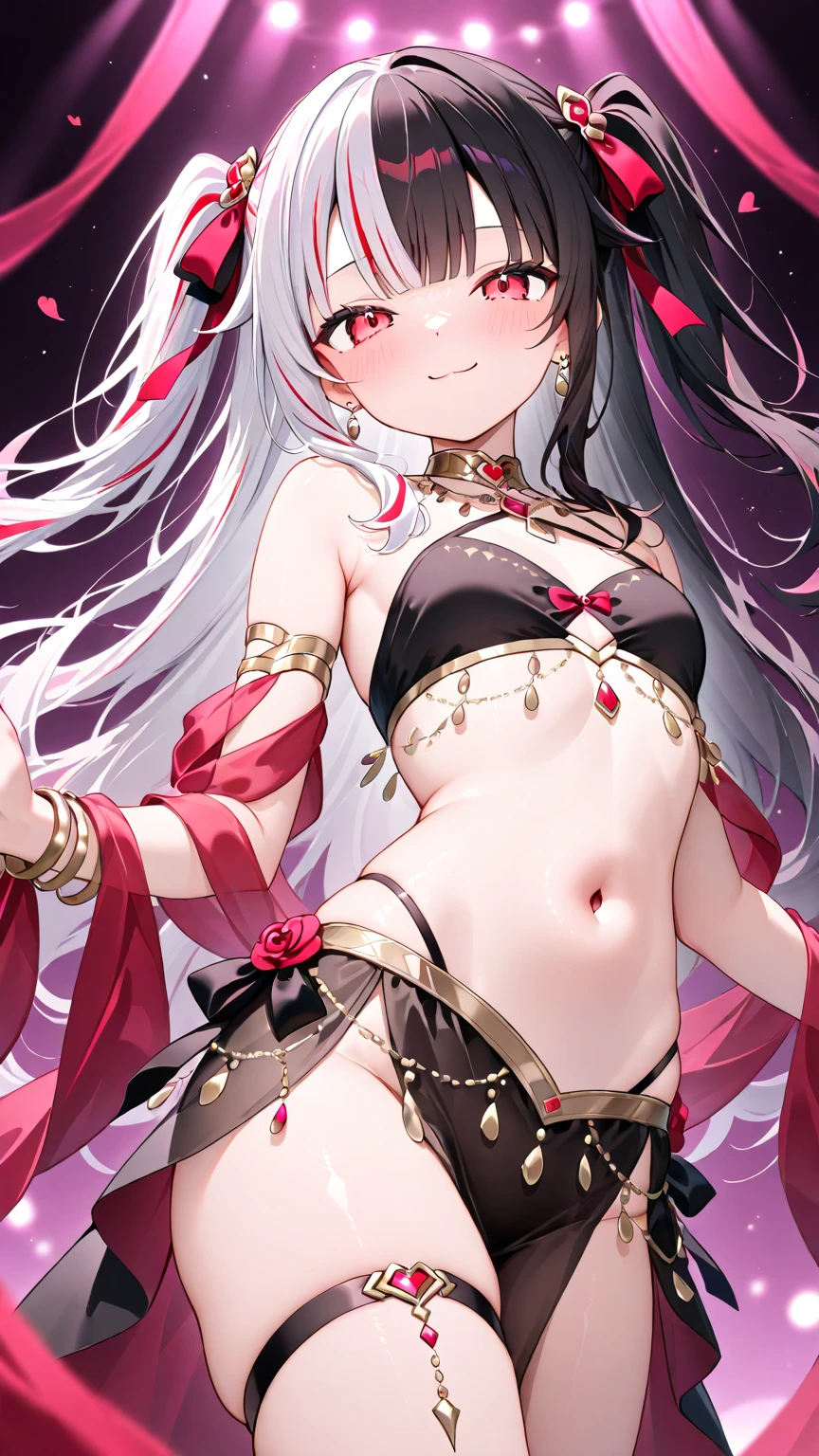 Silver hair, pink eyes, body, cat ears, woman, earrings, fantasy background, pink red clothes, hair bows, happy face, full body