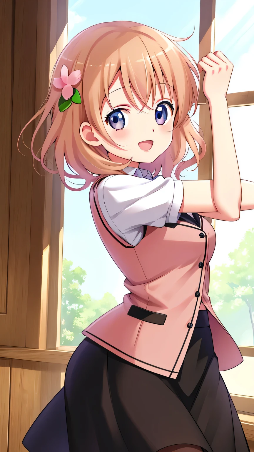 {{{masterpiece}}}, (best quality:1.5), (ultra-detailed:1.5), {illustration}, {{an extremely delicate and beautiful}}, (beautiful detailed eyes:1.6), absurdres, highres, extremely detailed face, 16k, hd, visual anime de uma jovem mulher, extremamente bonito rosto de anime, anime melhor garota, (perfect hands, perfect anatomy), anime face, Hoto Cocoa(Gochuumon wa Usagi desu ka??), aacocoa, 1girl, solo, cute face, light brown hair, (medium hair:1.2), bangs, hairclip, hair ornament, round face, big eyes, (purple eyes:1.2), (High resolution eyes, Beautiful eyes, Light in the eyes), flushed cheeks, medium breasts, big hips, curvaceous, BREAK, (pink vest:1.2), tuck out, red bowtie, collared shirt, white shirt, short sleeve, (sleeves rolled up:1.5), black skirt, (very long skirt:1.4), pink lining, black pantyhose, thighs, BREAK, (stretching:1.2), (cross-body stretch:1.3), bend elbows, (grab elbow:1.5), standing, open mouth, flushed cheeks, sorriso alegre, smiling, visual anime de uma jovem mulher, extremamente bonito rosto de anime, anime melhor garota, indoor, daytime, Cafe, dancing, fluttering skirt, cowboy shot, from side