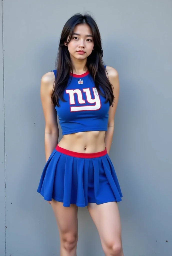 [((young attractive Asian woman:1.5)), ((Sophie Tan:1.4)), standing on a high school football field, with her back to the camera. She is wearing ((a short cheerleader skirt that has blown up, exposing her buttocks:1.2)), paired with a tight, sleeveless top and pom-poms. Her hair is styled in a high ponytail, and she has a seductive, intense gaze over her shoulder. The background features bleachers, goalposts, and a track. The scene is captured with a ((full-frame DSLR:1.2)) using a ((35mm prime lens:1.2)) to keep the woman in sharp focus while the background is slightly blurred. Post-production enhances the natural colors and adds a ((soft bokeh effect:1.1)) to the background. The image should be in ((8K resolution:1.1)) with ((hyper-realistic detail:1.3)). The backdrop highlights the football field with detailed textures of grass and bleachers. The focus is on the woman's blown-up skirt exposing her buttocks, capturing a seductive and intense vibe. Natural daylight is used with slight enhancements to create a bright and energetic atmosphere, with a ((soft bokeh effect:1.1)) on the background, enhanced vibrancy, and high contrast to make the scene pop. She is standing with one hand on her skirt, looking seductively over her shoulder, exuding confidence and allure, embodying cheerleader chic.]
