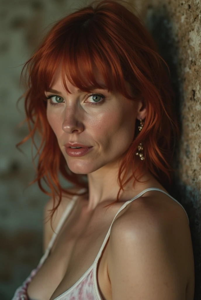 high quality photograph mid-aged freundliche sexy herausfordernde verführerische teasing redhead woman LaGermania , detailed face, lustful physique, shiny and pale skin, extremely long messy hair, mature woman, wearing black dress Victorian era apparel, slim body, 27 year old woman, detailed clothing, cleavage, round breasts, natural breasts, (round and fleshy), night time at full moon night, in the middle of a field of grass, creepy old wooden cabin in the background. detailed surroundings. seductive figure that captures attention, [depth of field] ((intricate detail, Detailed textures)), bright lighting, cinematic lighting, Global illumination, clear facial features, clear body features, create ultra-detailed image textures, capturing every detail with precision. sunny weather, tornado in far background, its in Kansas in 1935