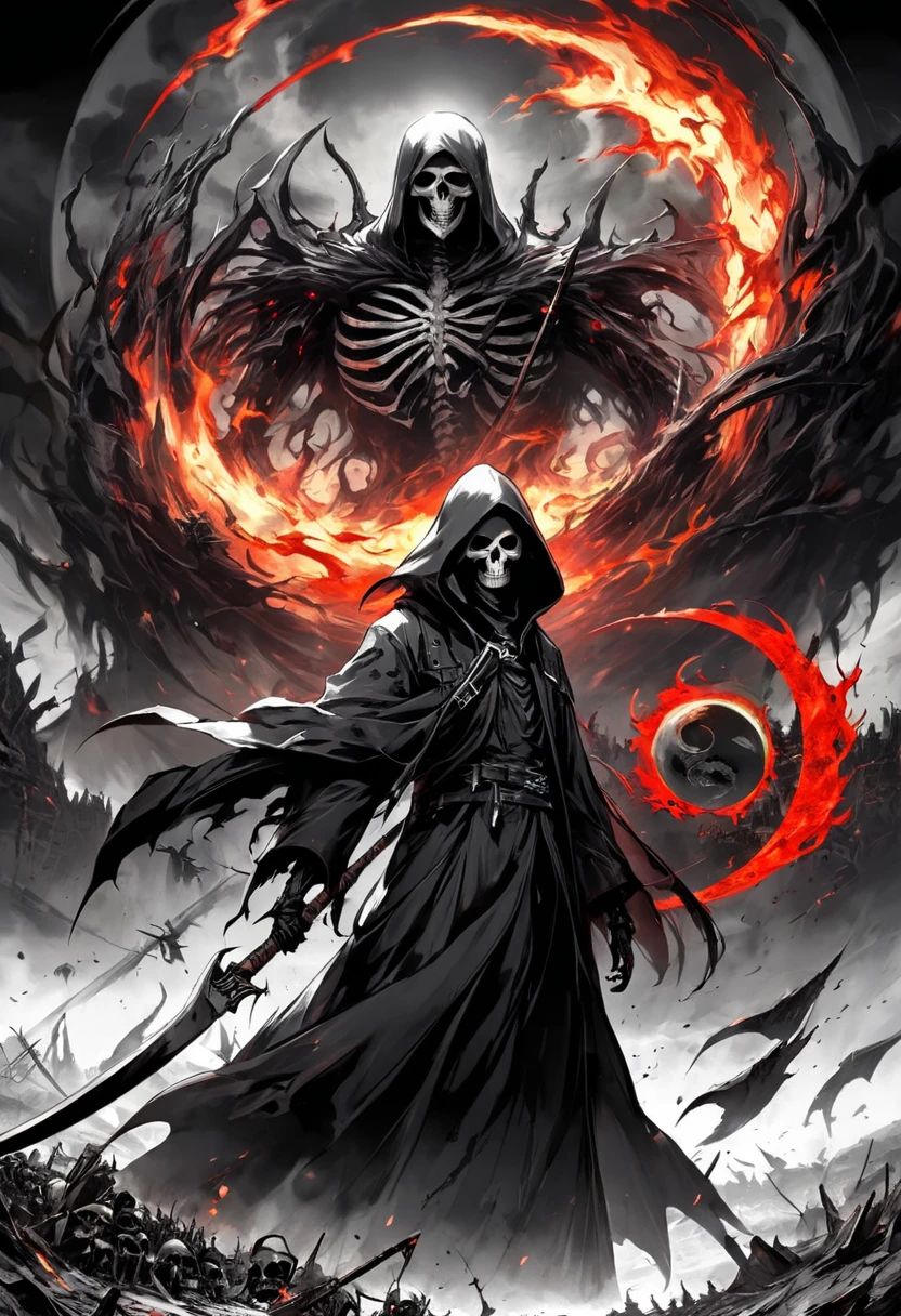 A scary and dangerous dark anime poster,The upper body of the Golden Paladin armor is very complex and delicate,The armor is decorated with exquisite skull ornaments、Gold jewelry and necklaces。The protagonist's scrawny,The flame eyes are fierce and empty,Holding a blue flame sword in his hand,sitting on an royal throne。A large number of blue flames erupted from the throne,The red tattered cloak swayed in the wind,With flow effects。The background is red,Full of visual impact,Show off demonic art。Inspired by real human skeletons,Presenting comic book style art。The overall color tone is light red and light black,Express the effect of action painting。 prompts:Anime dark demon poster