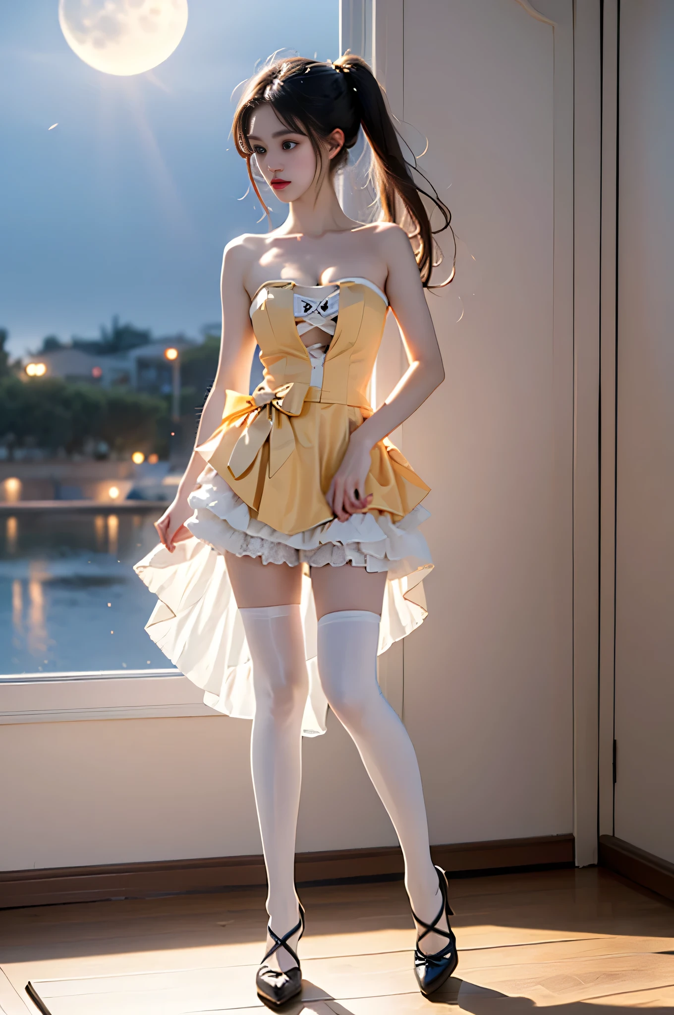 strapless dress,bow, yellow dress,white thighhighs,blue ribbon, ,,((full body, from below)), (masterpiece, best quality, ultra-detailed, 8k), realistic, a beautiful sexy long-legged model ((Random scene)), ((Random posture)), (I-type Valley), (Full breasts, visible cleavage, very short skirt hem, exposed shoulders), (Tyndall Effect), (At night,:1.3 moonlight:1.3), seductive pose, perfect and symmetrical leg anatomy, soft natural lighting, (wind blowing gently:1.1), (ambient lighting:1.2), bokeh, cinematic shot, dynamic angle, professional photography, shallow depth of field, sharp focus, vibrant colors, (slightly tanned skin:1.1), (natural makeup:1.1), (delicate features:1.1)
