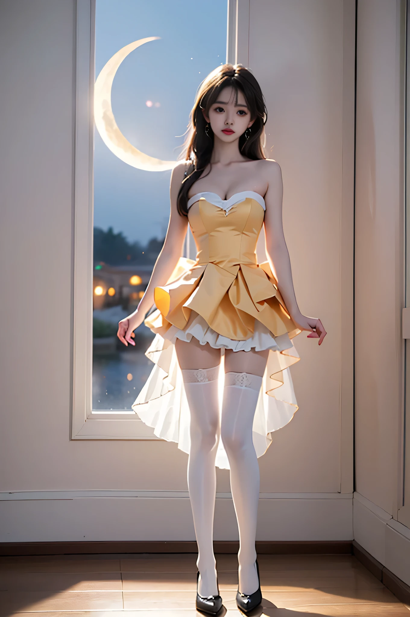 strapless dress,bow, yellow dress,white thighhighs,blue ribbon, ((Bare shoulders)), ((whole body)), Practical, Fashion Girl, red lips, Mature women, cosmetic, big eyes, beautiful eyes, ((whole body)), ((from below)), (best quality, masterpiece:1.2), Super detailed, (Practical:1.37), ((Sexy long legs)), beautiful, Young and energetic, Charming model with, Large Breasts, cleveage, (Delicateeyes, Detailed lips, extremely Delicateeyes), Show a bright smile, Create stunning girl images, warm color, Extremely high color saturation, Official Art, Extremely detailed CG unified 8k wallpaper,(High Dynamic Range :1.4), (Movie),(Soft colors, Dull Color, Soothing tone :1.3), (Natural skin texture, ultra-Practical, Soft Light, sharp),(Very detailed), night, moonlight, ((In the mountains, plant, Leaning against the rocks))