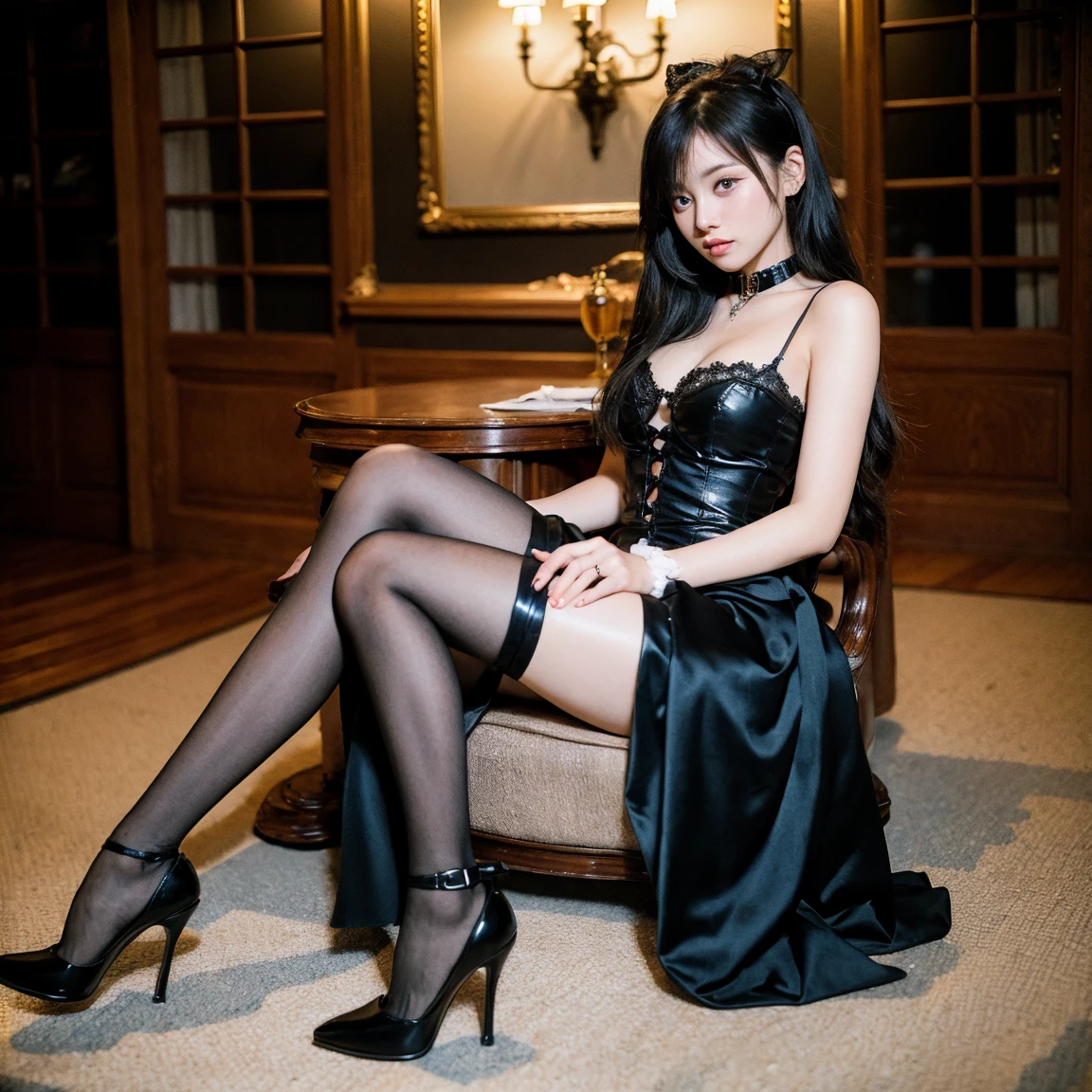 Sexy cat girl, cat ears, straight long hair, golden eyes, short Victorian dress, white stockings, garters, high heels, dark background, gloomy atmosphere, high detail