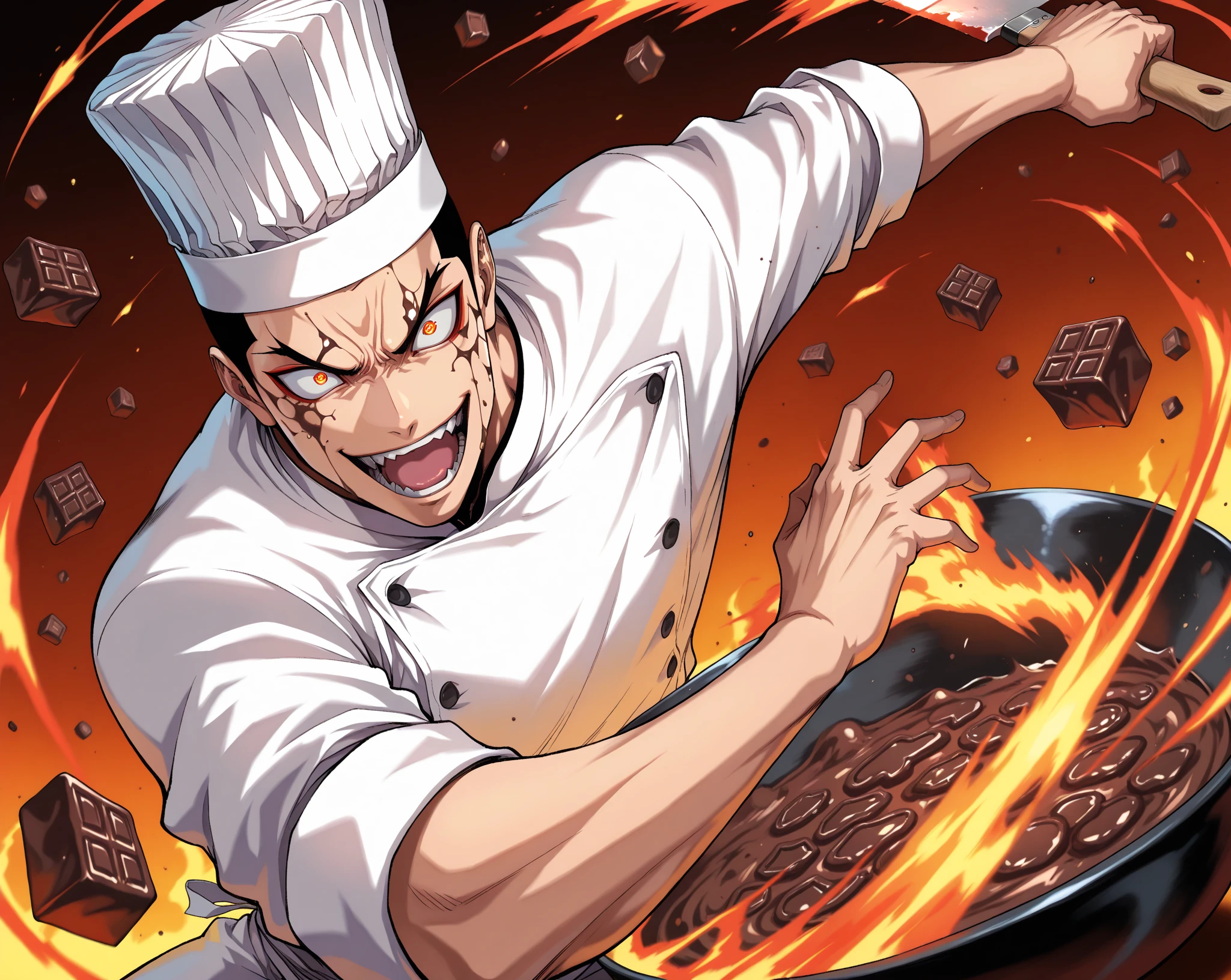 1man,  dynamic cooking action, anime style, dynamic pose, holding large Chinese cleaver in one hand, chopping through mid-air chocolate bars, chunks of chocolate flying in every direction, molten chocolate splashing, intense cooking battle pose, close-up of man's face in background; Jan Akiyama from Iron Wok Jan, black hair, deep-set eyes, shadow around eyes, sharp gaze, chiseled face, eyebrows slanted downward, big eyes, wide open mouth, large sharp eyes, large slanted eyes, pinpoint pupils, Chinese chef hat, Cock sheet that fits perfectly to the body, chef's pants, buzz cut, intense gaze,  genuine smile, (motion_blur, motion_lines), masterpiece, best quality, highly detailed, extremely detailed, absurdres, swirling chocolate in large wok, flames rising, chocolate splashing, steam bursting up, dramatic lighting, atmospheric lighting, 4k, 8k, super resolution, intricate details, perfect anatomy	
