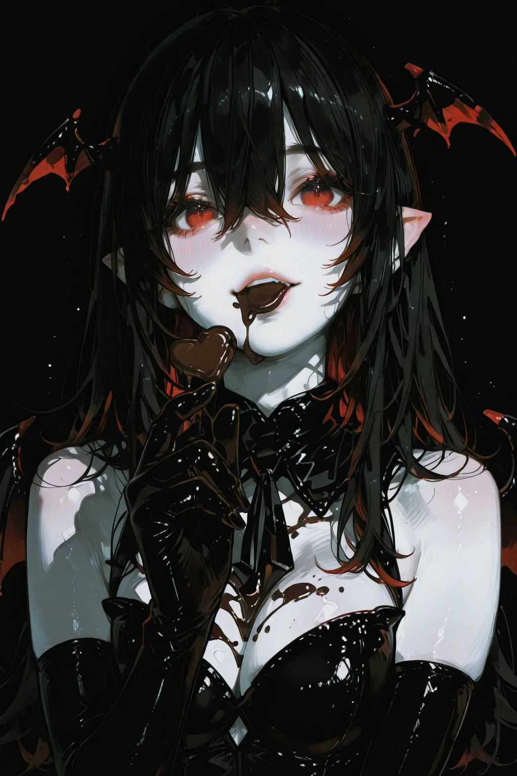 Sadistic devil girl with horns 8k red eyes red horns long black hair sharp fangs,detailed eyes, detailed hands, detailed eyes, elf woman, flowers, wet hair, flowers, full body