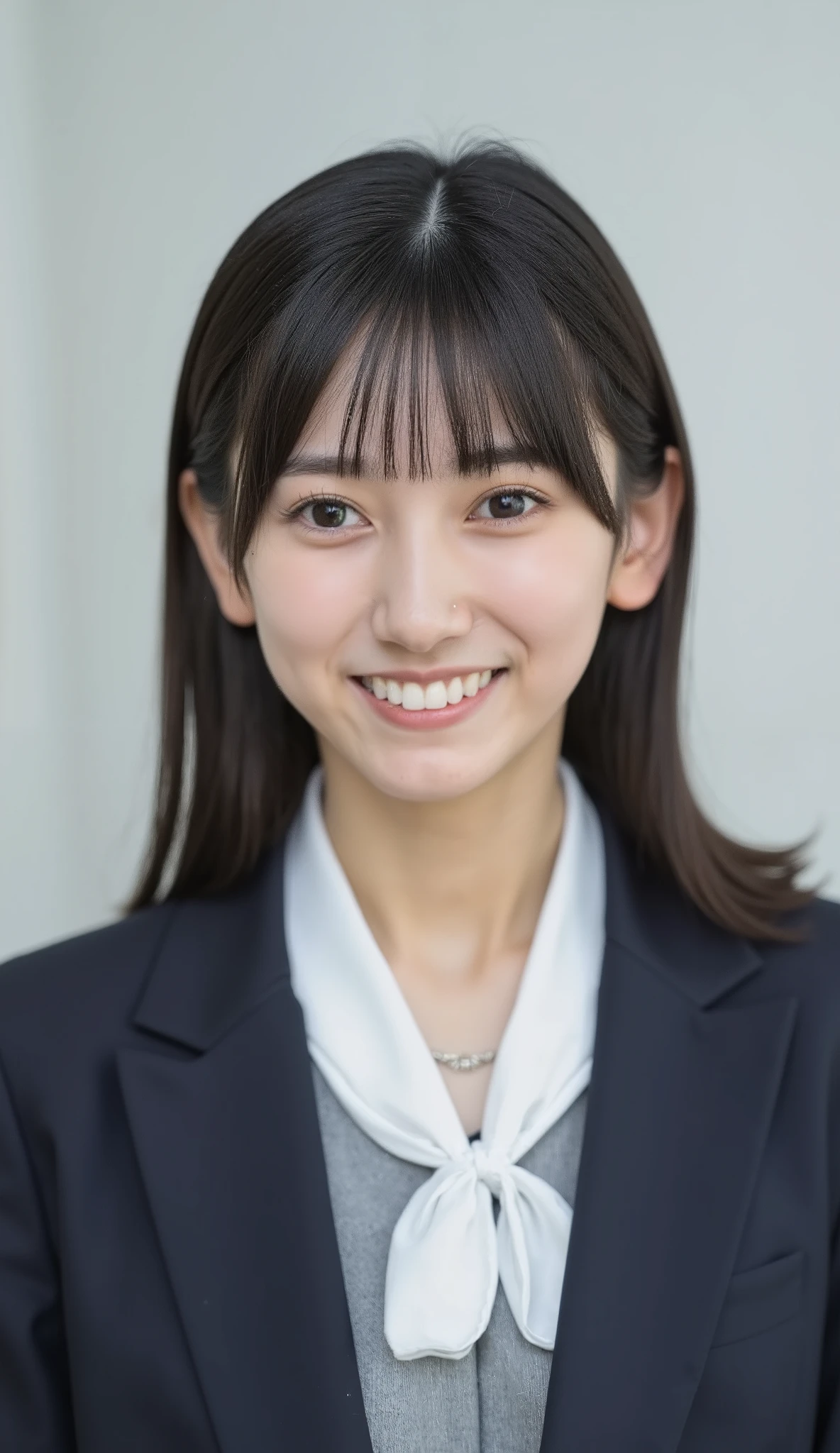 Neat Young Woman、and look at the camera、office lady suit、jacket、shirt、necklace、ear piercing、薄い茶髪、smile showing teeth、背景はオフィス