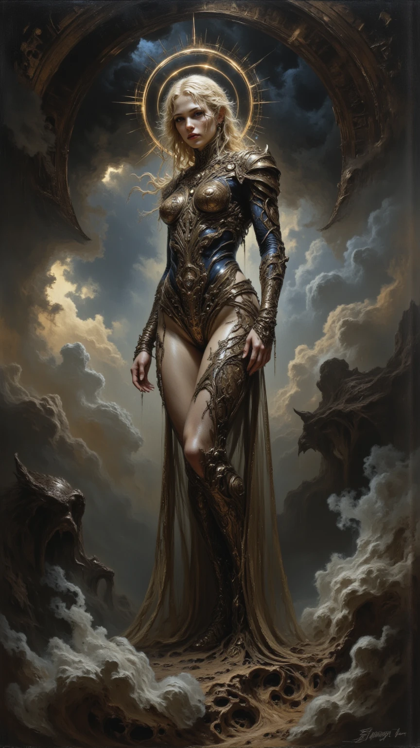 greek goddess, wearing winged circlet-helmet, long medium blond ponytail, undead warrior, brown leather dress with golden ornaments, barely visible big gothic castle-ruins in the background at dark night, cloudy, horror, foggy, misty, viewer is looking up to her, fullbody with legs and feet, tone mapped, detailed, highly detailed, digital painting, artstation, concept art, smooth, sharp focus, beautiful illustration, dead but living, white skin, thin lower body, long ponytail, high heel boots, ponytail, very wide mouth, red eyes (fantasy art, Masterpiece, best quality: 1.3), ((beautiful delicate face)), Ultra Detailed Face (intricate details, fantasy art, Masterpiece, best quality: 1.5), dozens of ravens, alluring evil gaze, crazy evil creepy laughing, ponytail, ponytail, ponytail, ponytail, ponytail, ponytail, ponytail, ponytail, ponytail, ponytail, ponytail, ponytail, ponytail, ponytail, ponytail, ponytail, ponytail
