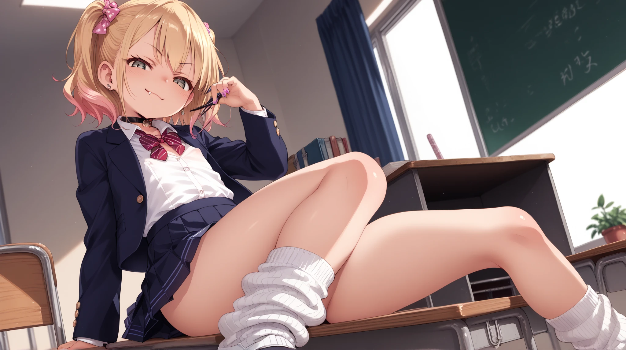 (((((1girl))))), (((best quality))), ((((masterpiece)))), (((ultra-detailed))), (illustration), (detailed light), (an extremely delicate and beautiful), (beautiful detailed eyes), (sunlight), ((extremely light)),
((((typical school blazer and a pleated skirt)))),
school girl,
wavy short manish bob, (((yellow gold hair)), (((short hair))),
(((deep red eyes))),
((whole body)), aged 13 to 16, (()),
diamond, beautiful, ((extra elegant)), (((condescending expression))), (sexually mischievous smile), (((extra adorable))), (((extra slender shape))),
(((sitting on her knees in the classroom))),
(((exposed pale pink panties))),
(((extraordinarily thin thighs))),
((white ankle socks))),