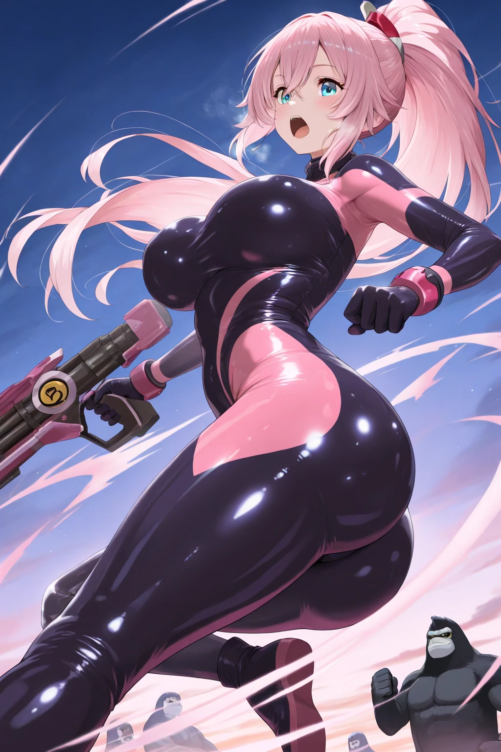(Mecha Girl), (Robot Mecha), (Plump Body), (Tight Leather Jacket), (Large Breasts), in a battlefield full of war and chaos, Mecha Girl 1 stands majestically. She wears a black leather jacket to show her sexiness and confidence. The leather jacket fits her plump figure, highlighting her femininity and strength.
Mecha Girl 1's hair was a gorgeous sea of pink, falling on her shoulders like silk. The hair gently flutters in the wind of battle, exuding a charming sheen. Every strand of her hair exudes her vitality and courage.
Her pupils are a pair of turquoise gemstones that reveal a glow of wisdom and determination. In the fierce atmosphere of the battle, her pupils flashed with calmness and determination, showing her combat experience and keen insight.
The mech shell of Mecha Girl 1 is a bright pink, smooth and shiny. Under the sunlight, the mecha shell emitted a dazzling light, like a shining rainbow. The curved design of the mecha shell highlights the grace and strength of her body, highlighting her majesty and delicate as a combatant.
The light from the battlefield shines through the smoke, casting a brilliant color that reflects on the body of Mecha Girl 1. Her eyes revealed firmness and determination, and the corners of her mouth rose slightly, exuding confidence and heroism. She holds a pink blade with a faint glow on the blade, symbolizing hope and victory.
In the battle scene, Mecha Girl 1 quickly shuttles between enemies, her mech shell emitting a faint pink glow, which blends with the fire of the battlefield. Her movements are elegant and sharp, and with every swing she carries power and speed to knock enemies to the ground.
The whole scene is full of tense atmosphere and dynamic visuals. Mecha Girl 1's hair color and pupil color contrast sharply with her mech shell