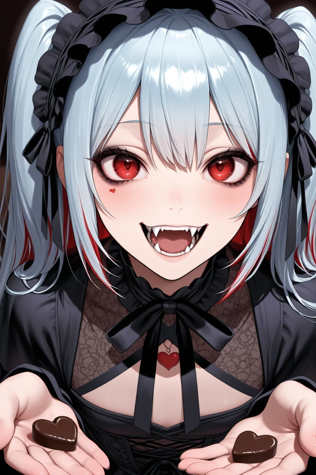 1 Girl, Vampire, Medium Breasts, Dark Red Hair, Silver Highlights In Hair, Vampire Hair Style, Long Hair, Red Vampire Eyes, Pale Skin, Smooth Skin, Soft Features, Nice Lips, Insane Smile, Cute Face, Vampire Outfit, Royal Vampire, Upper Body Shot, Crazy, Manic, Insane, Blood, Covered In Blood, Blood Splatter, Blood Sprays, Blood on Face, Blood Leaking from her Mouth, Blood on Her Chest, One Hand on Her Face, One Hand On her Chest, (Close Up On Face, Face POV), Leaning Forward to Bite the Viewer, Close Up on Mouth, 