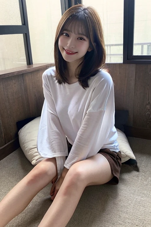(8k, top quality, masterpiece: 1.2), (realistic, photorealistic: 1.37), super detailed, beauty, cute, solo, standing, (smile: 1.15), (closed mouth), black hair, fine beautiful eyes, big, patterned shirt, (short hair: 1.2), floating hair NovaFrogStyle, room without windows, background is white, night, no shadow, full body, smile, oblique face, both arms are reflected, Full head shown, people cropped, face illuminated