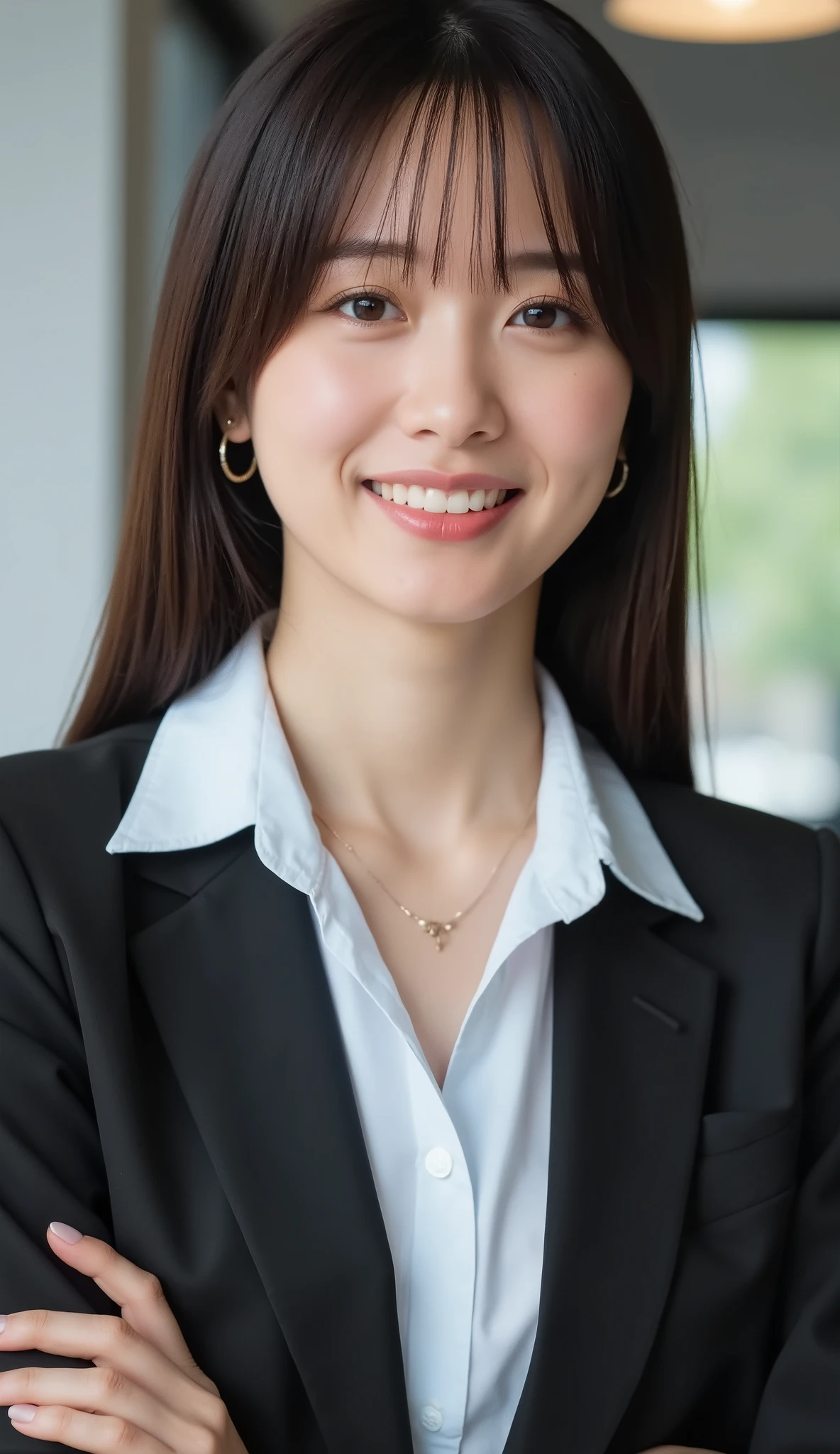 Neat Young Woman、and look at the camera、office lady suit、jacket、shirt、necklace、ear piercing、、smile showing teeth、背景はオフィス