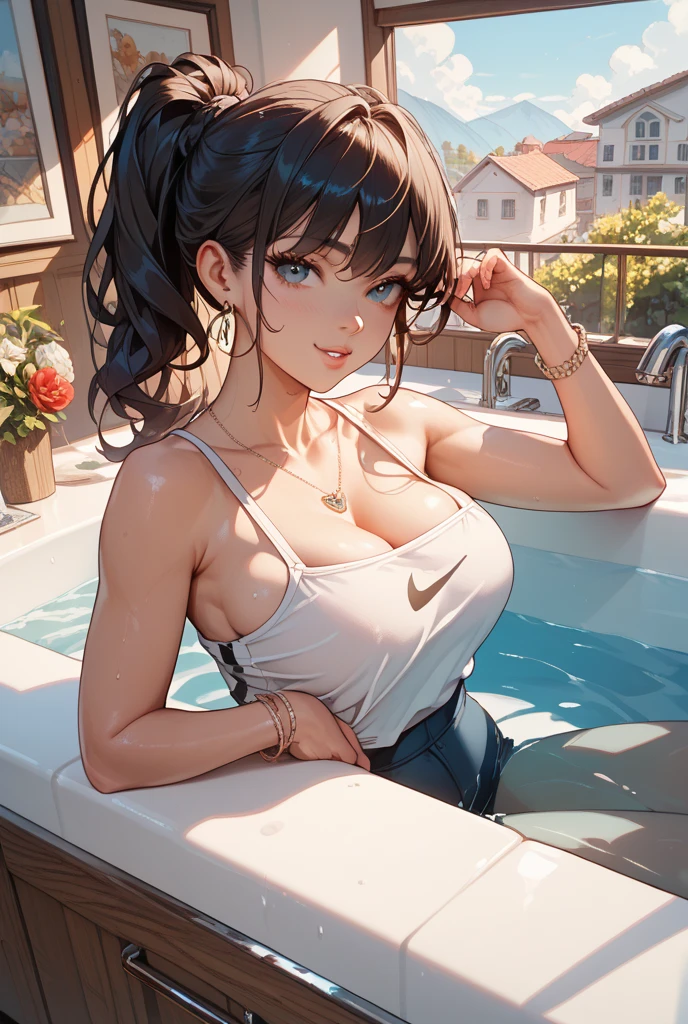 masterpiece,best quality, ultra high res,(beautiful woman:1.2),(beautiful Busty breasts:1), (happy:1.2), (enjoy:1.2), (dark hair:1), (short low ponytail:1.2), medium hair,a sexy mole around the mouth,wet lip, (burst into laughter:1.4), (squinting:1.4),(simple plain uniform:1.5),(gym uniform:1), school gym clothes,(plain:1.8),(wearing round neck white t-shirt:1.2), navy blue short Sweatpants , upper body shot, (A large empty swimming pool), Pool cleaning, Water squirting hose, (Hold the hose and clean),