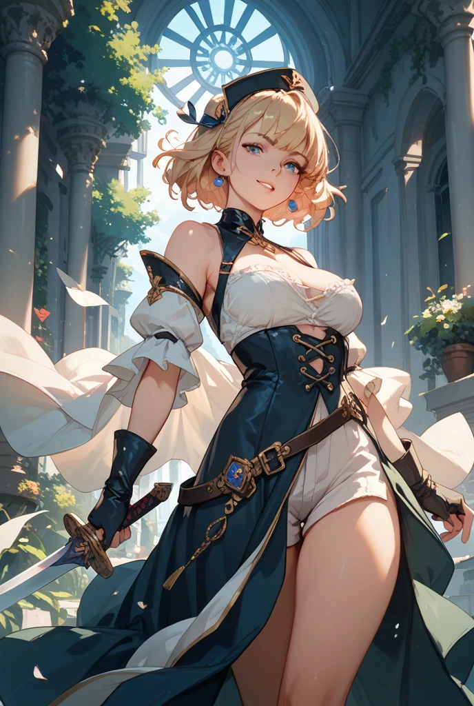 masterpiece,best quality,High resolution,1 Girl,movie lighting,dramaticangle,Depth of Field,Blonde hair,blue eyes,Hair accessories,Clothing 1,clavicle,Bare shoulders,Separate sleeves,long skirt,Breastplate,High Leg Raise,Thick thighs,Gloves,boots,banner,Keep,sunrise,dawn,Flock,sunlight,open mouth,victory,A symbol of hope,sword,Serious,Holding a spear，portrait，Classical European Background