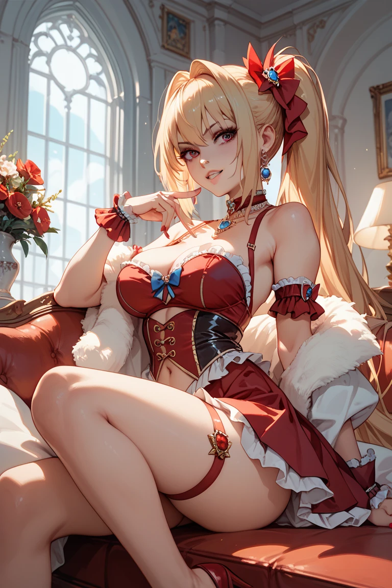 (masterpiece, top quality, best quality, official art, beautiful and aesthetic:1.2), young (1girl:1.3), (wearing torn red dress:1.3), (blonde:1.3) hair, long hair, (colorful eyes:1.3), extremely detailed, colorful, (highly detailed CG illustration), (looking at viewer), cinematic light, solo, half body, (character focus), ),Cath, extravagant makeup, full lips, sexy pose, clothes ASIDE , used condoms, partially naked, shiny skin, red lingerie