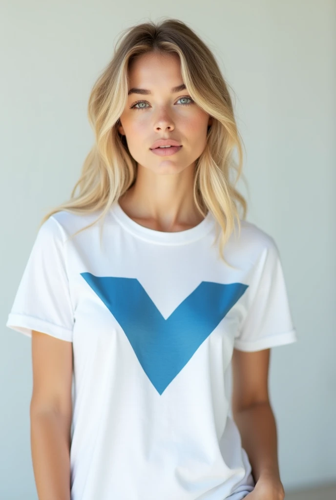 1 girl、cowboy shot、simple t-shirt、light blue medium hair、beautiful brown eyes、Orange Hair Clip、flat chest、smile、put your hands on your hips、shorts
