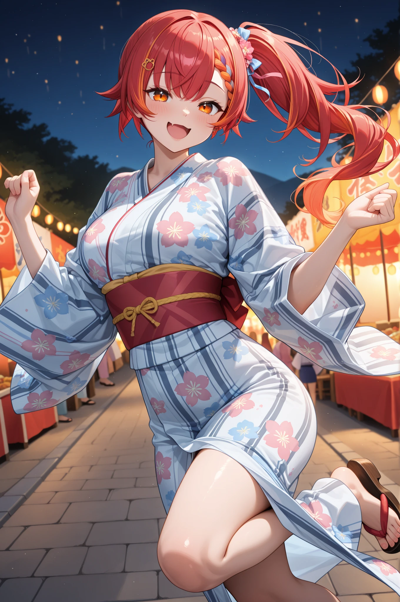 Obra maestra, alta caliDaD,La mejor caliDaD,
colmillo, colmillo De piel,Ilulu \(maidragon\),pechos enormes,
Ilulu, 1girl, solamente, sonrojarse, They are smiling, boca abierta, senos granDes, mangas largas, :D, al aire libre, Ropa japonesa, Cielo, Dientes, quimono, sash, Noche, Colas gemelas bajas, solamente Dientes superiores, Obi, estampaDo floral, Dientes afilaDos, estrella (Cielo), cielo nocturno, cielo estrellaDo, Yukata, Imprimir quimono, purple kimono, Fuegos artificiales, shortstack, huge breasts