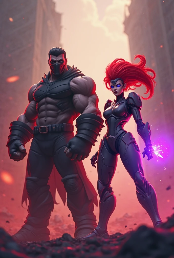 Futuristic Cyborg Werewolf Running Carries Futuristic Little Red Riding Hood Injured in Neo Tokyo in A Thunderstorm Leaping Through Buildings