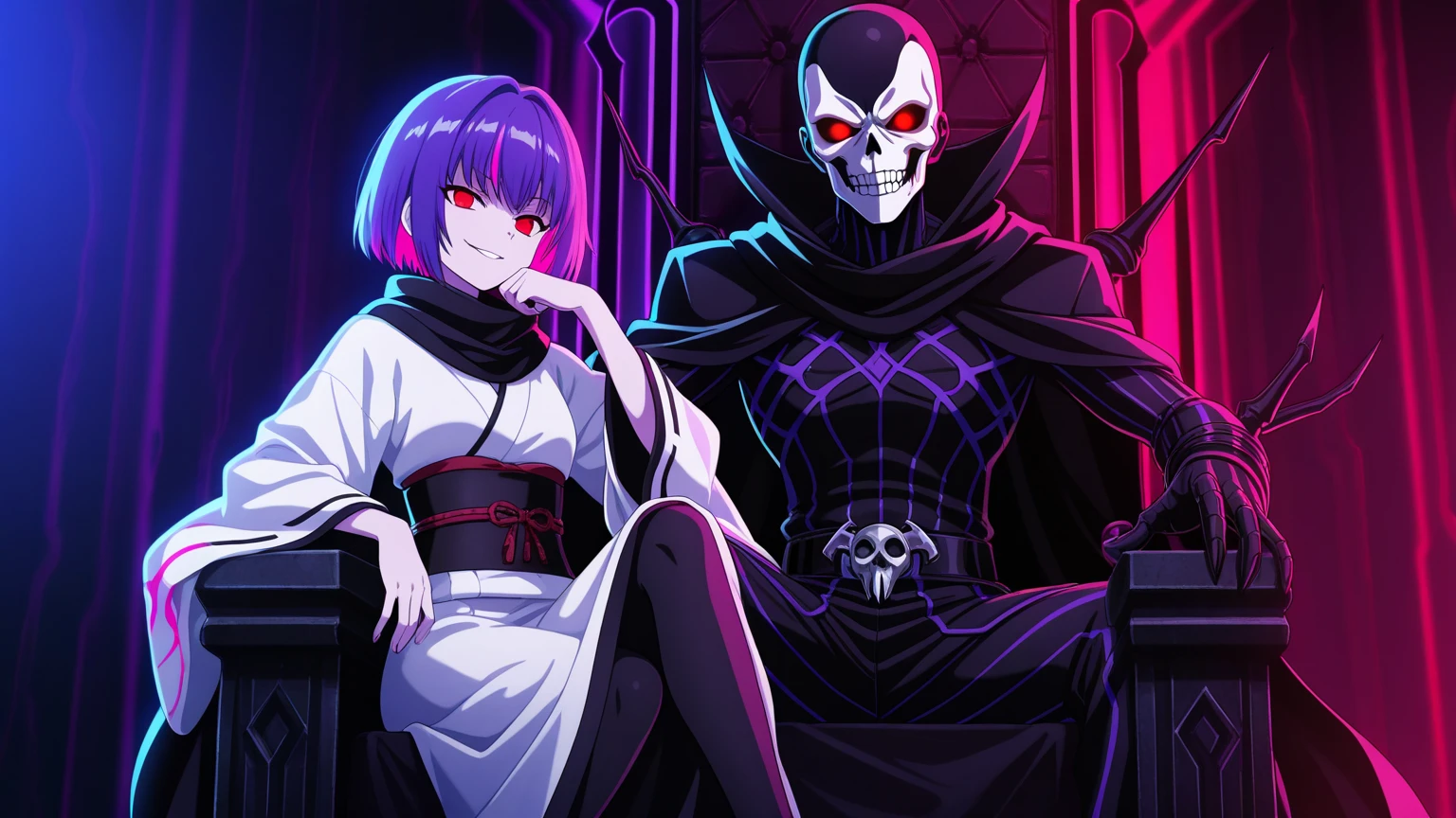 masked anime woman and skull-bodied man make war, headphone, cigarette, detailed colorful outfits, clothes like the phantom character warfare 2 from call of duty modern, with a gold chain around his neck, cinematic lighting, incredible, among mysteries, highly detailed, ultra detailed, cinematic trailer, clothes like the phantom character warfare 2 from call of duty modern, navigating through the ruins of a destroyed city, anime girl, with headphones, black and purple uniform, ballistic vest, destroyed city