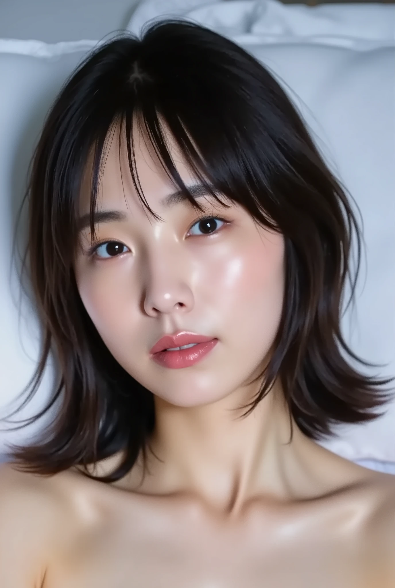 (( PREMIUM QUALITY,  8k )), ((masterpiece)), ( details),     Japanese girl,   first person view   ,One Woman, petite woman ,   Sexy,(  in the bedroom),(((    absurdly large breasts ,    completely naked,  beautiful breasts, short bob hair , black hair))),  dark haired  , ((  without accessories,       No Makeup,  small eyes))