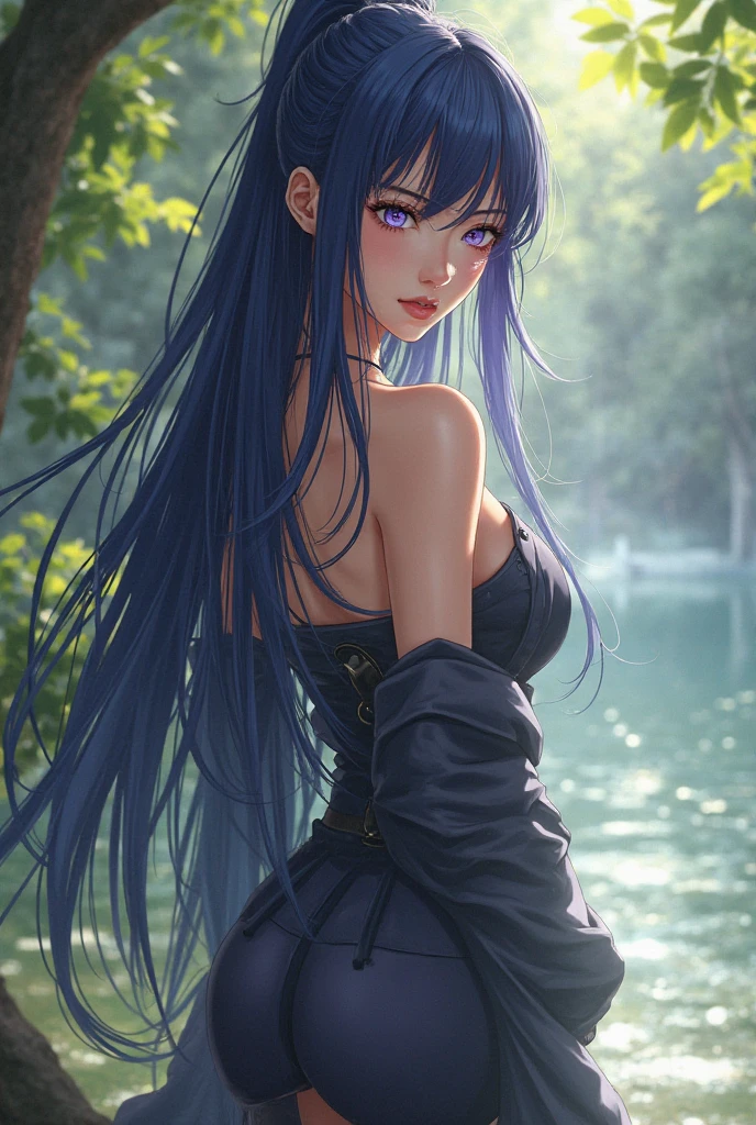 (masterpiece), (highest quality), highres, 1girl, solo, long hair, blue hair, black dress, grey eyes, bare shoulders, closed mouth, full body, looking at viewer, breasts, lips, outdoors, lake, forest, <lora:XDetail_light:3> <lora:fix_hands:1>  <lora:Yuri Shwedoff Style:0.8> , yuri shwedoff style
