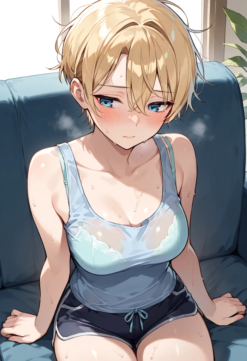 masterpiece、highest quality、be familiar with、1 female、18-year-old、Transparent blue eyes、blonde、black skin、((embarrassed face、blush、Watery eye、full of embarrassment、oil skin、shiny  skin)), short hair、Seductive thighs、big breasts、big breastsの谷間、((肩が出ている、着崩れた特大サイズの無地の白いT-shirt)), ((下品)), スクール水着、プール