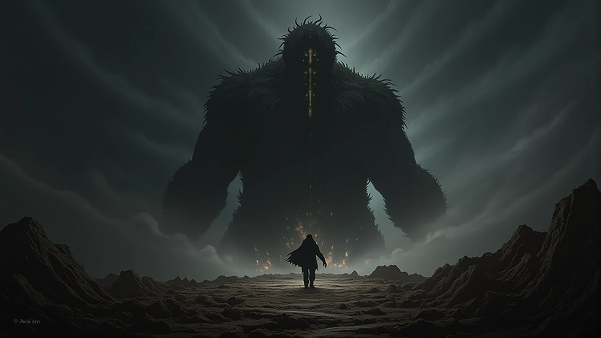 score_9, score_8_up, 8, score_7_up, Gigant, gigant character, aerial perspective ,  Giant girl , glowing eyes,  looking at viewer, (thic )
, [[muted colors]],  fog, mist,  fantasy forest,  cliff edge, small silhouette below, birds, <lora:Gigant__Fantasy__DND:0.9> ,