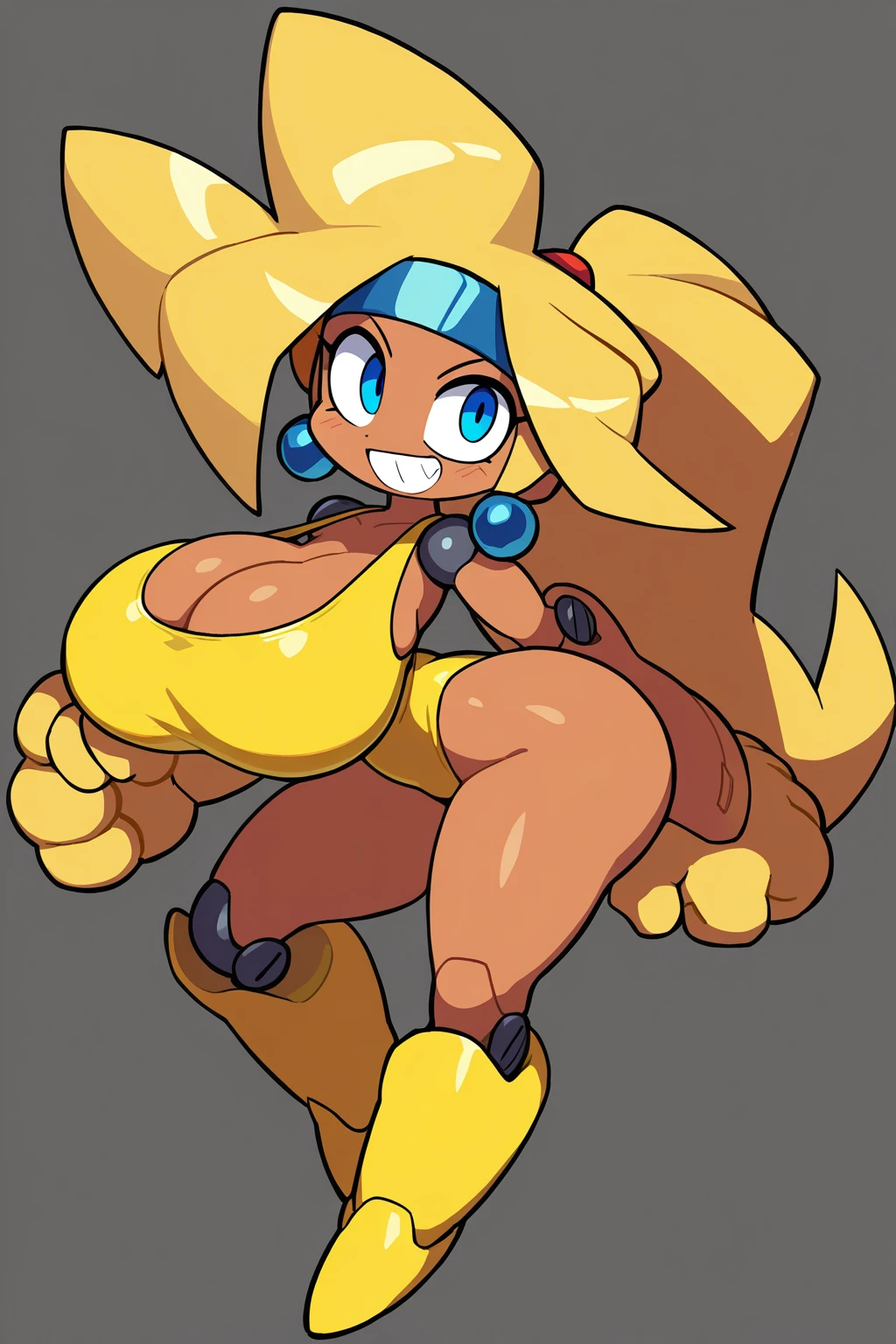 by R-MK, solo, female, standing, looking at viewer, ((hair, snout,)), smiling, lips, eyelashes, eyeliner, saluki, blonde body, super huge super huge super massive breast, super big thighs, very tall, super huge , (black sclera), violet glowing eyes, long blonde hair, black pupils