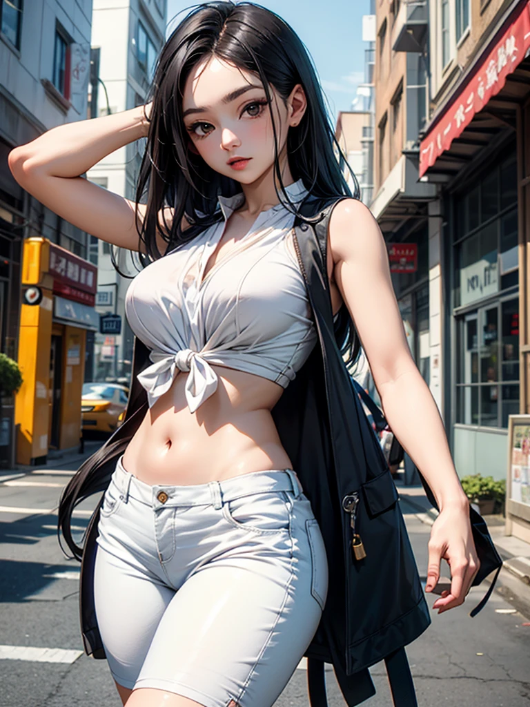 Hinata Hyuga, Anos 90, Moda Hip Hop, suburb, brooklyn 1993, Extremamente Realista, muito linda, sexy, bunda Grande, pernas grossas, usando um short curto, bunda empinada, estilo Hip Hop, anos 90, extremamente bonita