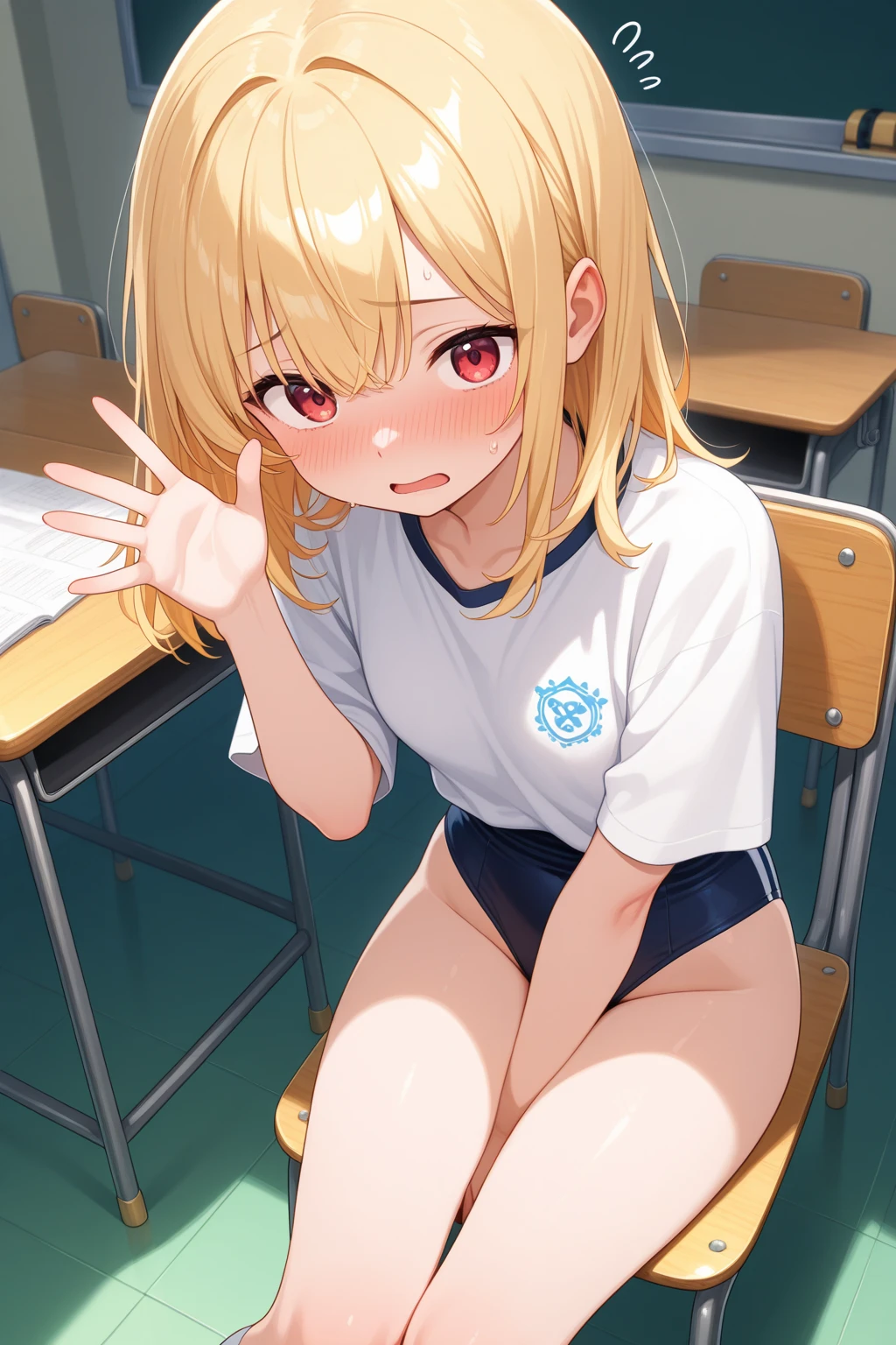 1girl,fgonero, nero, ahoge, blonde hair, (green eyes:1.5), hair between eyes, hair intakes,
BREAK braid, buruma, french braid, gym shirt, gym uniform, hair bun, headband, official alternate costume, red buruma, red headband, single hair bun,
BREAK looking at viewer, standing, leaning forward, arms behind back,
BREAK indoors, classroom,
BREAK (masterpiece:1.2), best quality, high resolution, unity 8k wallpaper, (illustration:0.8), (beautiful detailed eyes:1.6), extremely detailed face, perfect lighting, extremely detailed CG, (perfect hands, perfect anatomy),