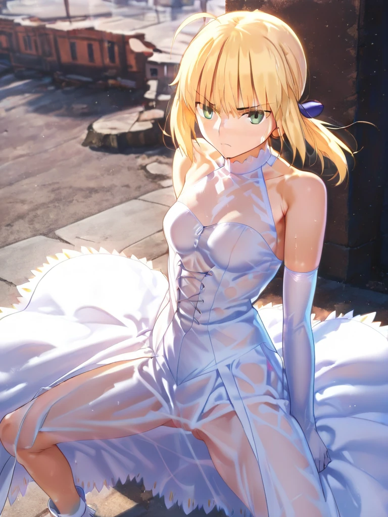best quality, masterpiece, highres, solo, {saber_fatestaynightufotable:0.90}, 1girl, elbow_gloves, bare_shoulders, official_alternate_costume, white_gloves, white_dress, choker, ponytail, strapless, anime_coloring, small_breasts lying down on floor like seducing somone