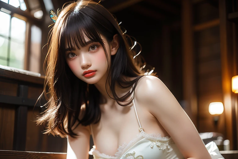 Black background、Professional Lighting、(((Professional Lighting 1.5)))、Translucent skin texture、Sheer skin、Beautiful Skin、(((Whitening 1.5)))、Off the shoulder、White Dress、See-through 1.3、Dynamic Poses、