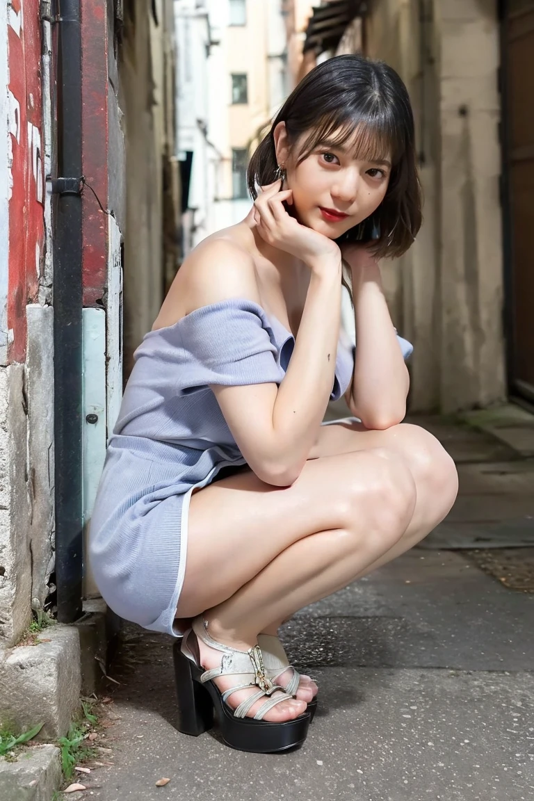 (top quality, 8k, 32k, masterpiece, UHD: 1.2), pretty Japan woman photo, 1gril, golden ratio high definition body, golden ratio high definition face, black short hair, l (forward inning: 1.2), squatting, (from top: 1.3), POV, (loose t-shirt: 1.1), off-shoulder, (denim shorts: 0.8), lace bra, necklace, big, Really immaculate background, really empty background, sneakers, ears out, clean long neck, clean bangs, clean legs, beautiful white skin, shiny skin, clean collarbone