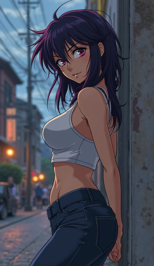 Girl, short tight shorts , Unbuttoned shirt on a naked body, Bare breasts, chest visible, street  background, Narrow passage between houses, night, rain, slim body, In full growth, Sneakers,