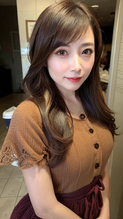 high resolution、Transparency、Brown Hair、Curly Hair、A woman wearing a  is drinking coffee alone at a cafe。The mouth is smiling