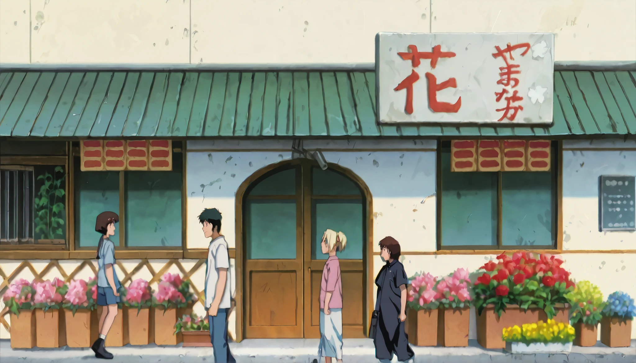 anime scene of a man and a woman walking in front of a building, in japanese anime style, 9 0 s anime aesthetic, 90s anime style, 9 0 s anime style, style of madhouse anime, in a anime masterpiece, style of madhouse studio anime, in the art style of 8 0 s anime, in an anime,yamanaka ino home , ((remove people)), flower shop, masterpiece,best quality,amazing quality,professional quality ,very aesthetic ,newest,scenery, ultra detailed ,highly detailed ,intricate , absurdres , high resolution , 4K , 8K , unity 8k wallpaper , crisp quality , sharp focus , rich contrast , rating_explicit , official art, official style,source_anime,anime screencap,anime coloring,megami magazine,anime,animated